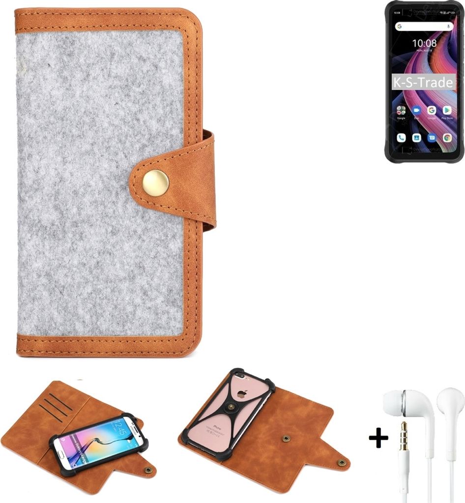 K-S-Trade Handyhülle + Kopfhörer kompatibel mit UMIDIGI Bison GT2 Pro Schutzhülle Filz Hülle Kunstleder hellgrau braun (1x)