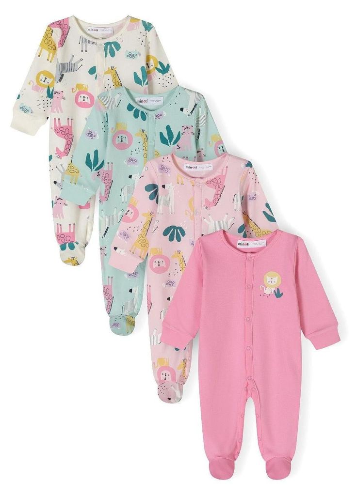 Minoti Strampler 4er Set 100% Baumwolle Rosa für Mädchen - Baby Strampler Mädchen mit Druckknöpfen und Tiermotiven Langarm