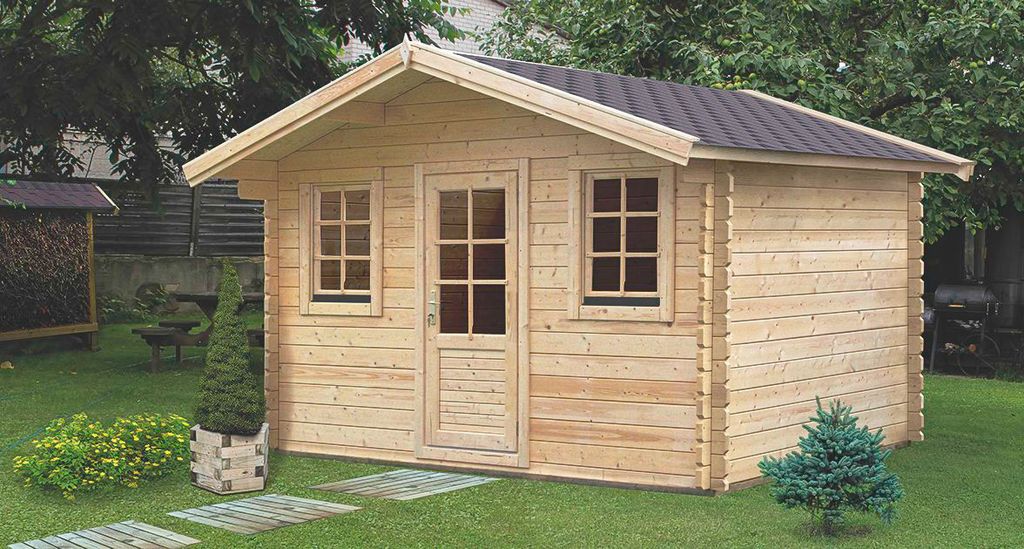 Holz-Gartenhaus 2,98 x 3,98 Meter (inkl. Dach) | Naturbelassen | Satteldach | 44 mm Blockbohlen-Haus