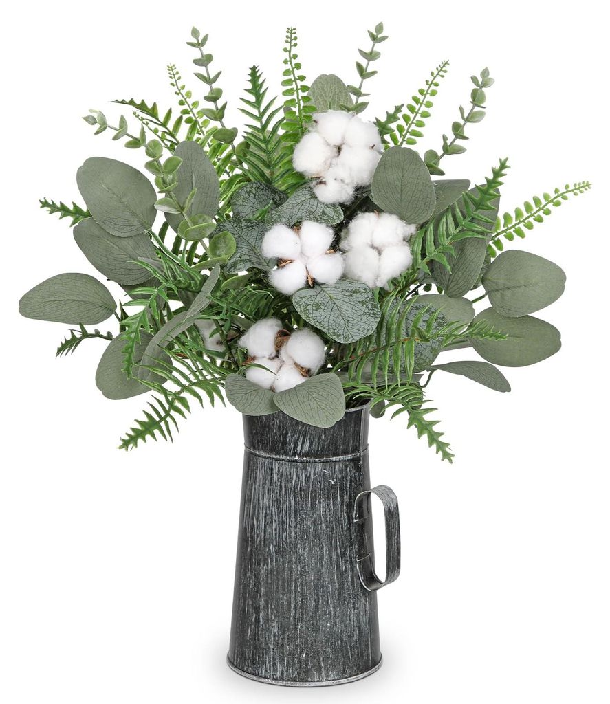 Künstliche Eukalyptus- und Farndekoration mit Lavendel – künstliche Pflanze in einer Vintage-Metallvase, 45 cm hoch, rustikale Tischdekoration ...