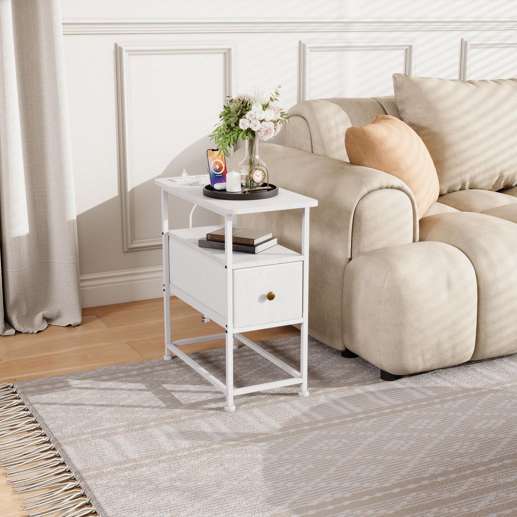 UnboxG Weißer Beistelltisch mit 1 Schublade & EU-Ladestation, Nachttisch mit USB/Type-C & Steckdosen, 60x30x62cm, für Sofa & Schlafzimmer
