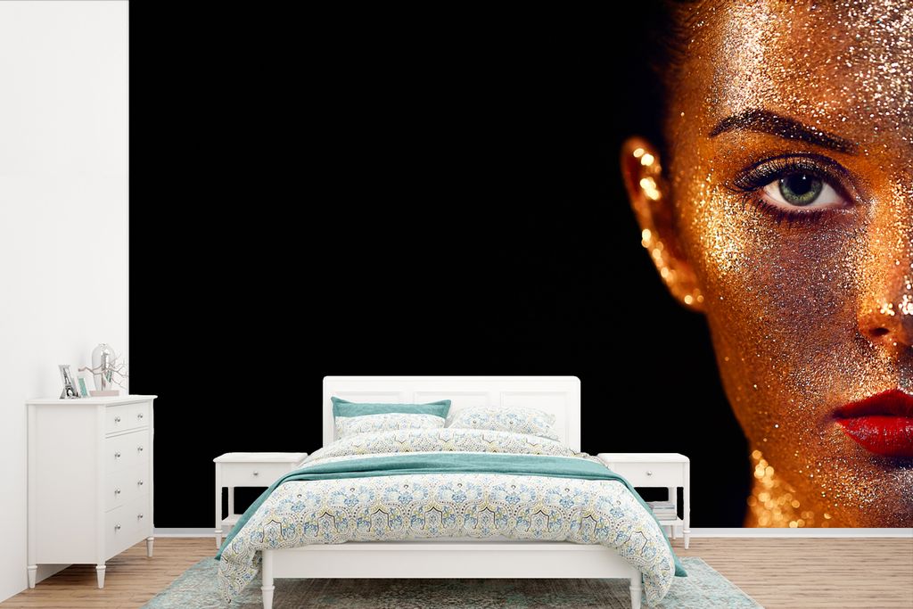 MuchoWow Fototapete für Wohnzimmer oder Schlafzimmer Wandtapete Vinyl Motivtapete Make-up - Gold - Frau - Luxus - Glitzer - Kunst - 330x220 cm -...
