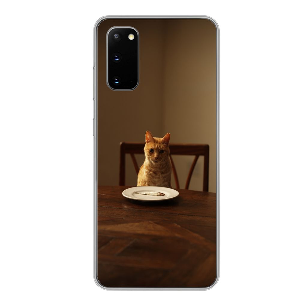 MuchoWow Handyhülle Schutzhülle Hülle für Samsung Galaxy S20 Katze - Esstisch - Teller Silikon Softcase Handy Hülle - Bild