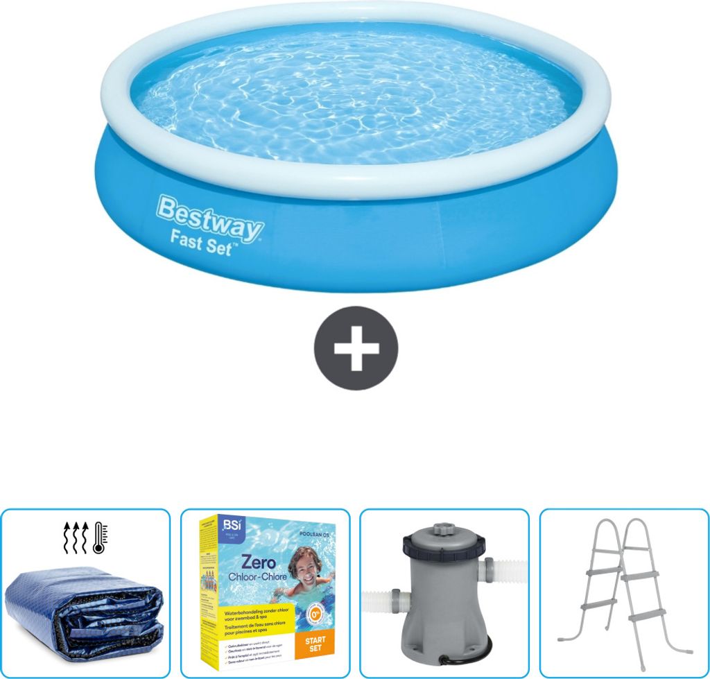 Bestway runder aufblasbarer Fast-Set-Pool – 366 x 76 cm – Blau – im Lieferumfang enthalten Sonnensegel - Wartungspaket - Pumpe - Leiter