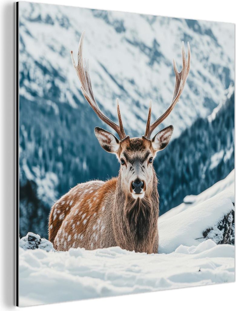 MuchoWow Wanddekoration Metall Metallbild Wandkunst 50x50 cm Hirsche - Landschaft - Winter - Natur - Tiere - Berge MuchoWow Aluminium Gemälde - Al...