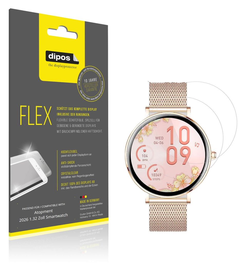 2x Schutzfolie für Atopment 2026 1.32 Zoll Smartwatch Folie, 100% Displayabdeckung, dipos Flex
