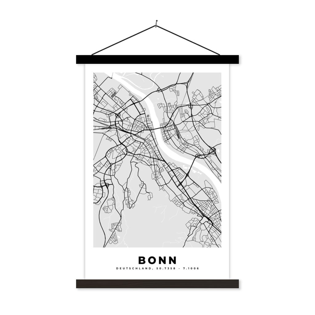 MuchoWow Textilposter Deutschland - Stadtplan - Bonn - Karte 60x90 cm mit schwarzem Rahmen - Poster Wohnzimmer