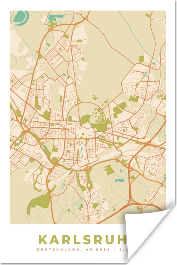MuchoWow Poster Stadtplan - Karlsruhe - Vintage - Stadtplan 40x60 cm - Plakate für die Wand - Poster Babyzimmer