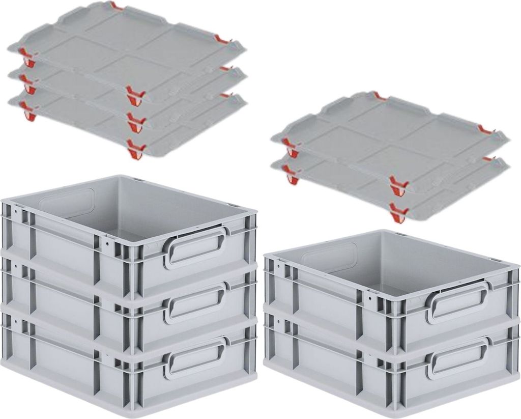 SparSet 5x Eurobox NextGen Economy mit Auflagedeckel und 4x Schiebeschnappverschlüsse Rot | Griffe geschlossen | HxBxT 12x30x40cm | 11 Liter | Eur...