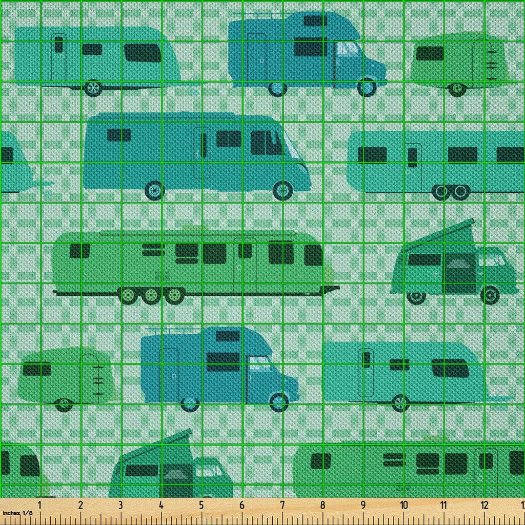 ABAKUHAUS Wohnmobil Satin Stoff als Meterware, Gitter-Art quadriert Hintergrund mit verschiedener Wohnwagen-Modell-Reise, 10 M (148 x 1000 cm), Min...