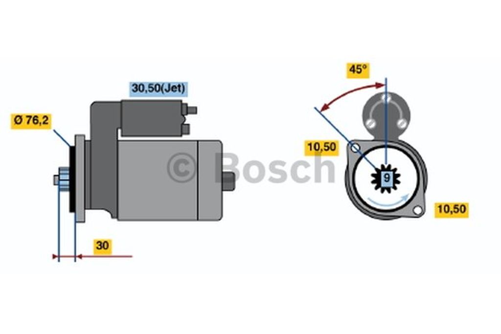 Bosch Anlasser 12V 1,8kW 9 Zähne Drehrichtung gegen den Uhrzeigersinn Länge 247 mm