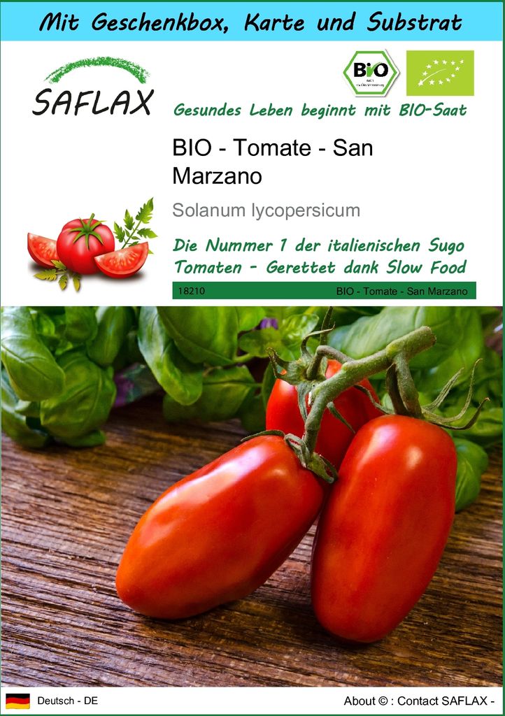 SAFLAX - Geschenk Set - BIO - Tomate - San Marzano - 15 Samen - Mit Geschenk- / Versandbox, Versandaufkleber, Geschenkkarte und Anzuchtsubstrat - S...