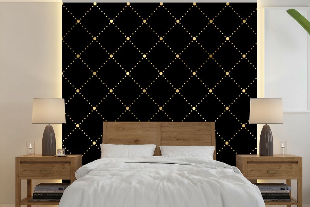 MuchoWow Fototapete für Wohnzimmer oder Schlafzimmer Wandtapete Vinyl Motivtapete Polka dots - Gold - Schwarz - 240x240 cm - Schlafzimmer-Tapete