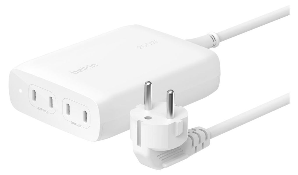 A white Belkin power adapter with two outlets and a European plug.