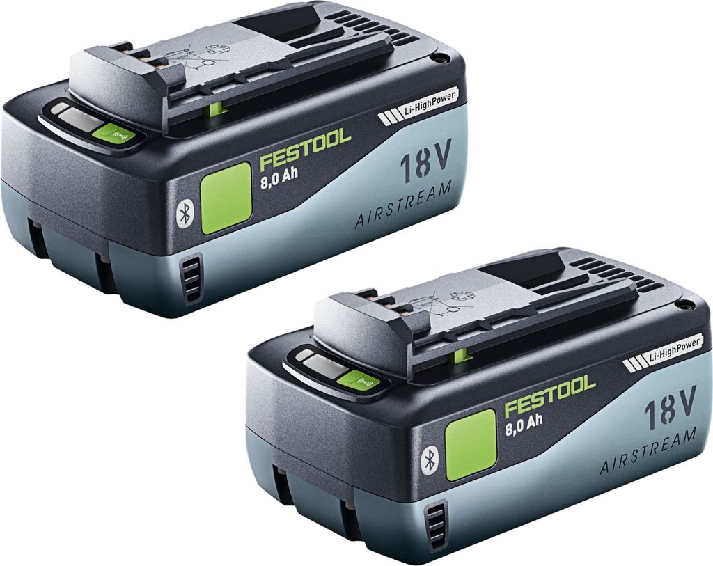 Two Festool 18V 8.0 Ah AIRSTREAM lithium-ion batteries are shown against a white background.