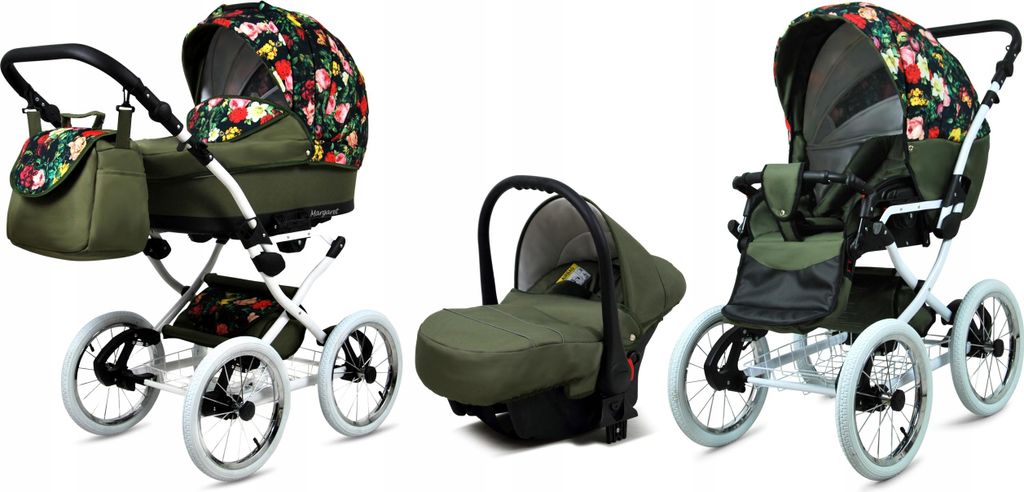 BabyLux Margaret White | 3in1 Kinderwagen Set | Roses With Tulips On Black | Kombikinderwagen |