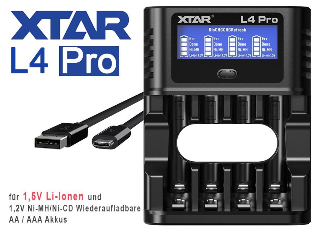 XTAR L4 Pro – Acculader met LCD-display, ontlaad- en Productafbeelding 