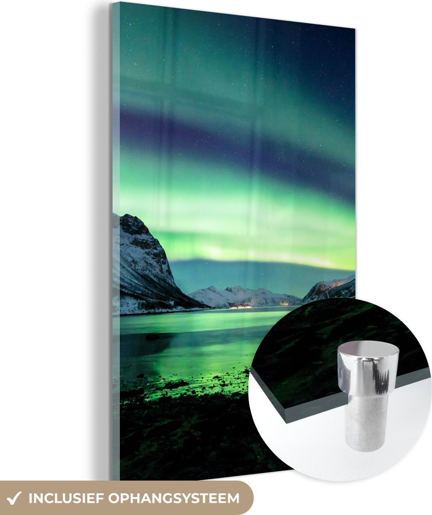 MuchoWow Glasbilder - Bilder auf Wandbild - Foto auf Glas Nordlicht - Norwegen - Eis - Gelb - Berg - Wasser - Schnee 80x120 cm Wanddekoration aus G...