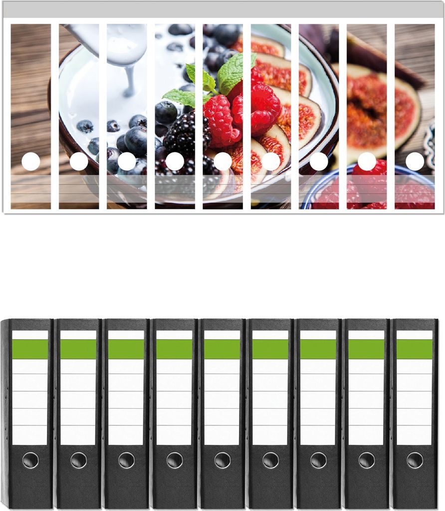 Wallario 9 Stück breite Ordner inkl. Klebeetiketten mit Motive Joghurt mit frischen Früchten - Set mit Rückenschildern / Ordnerrücken Stickern