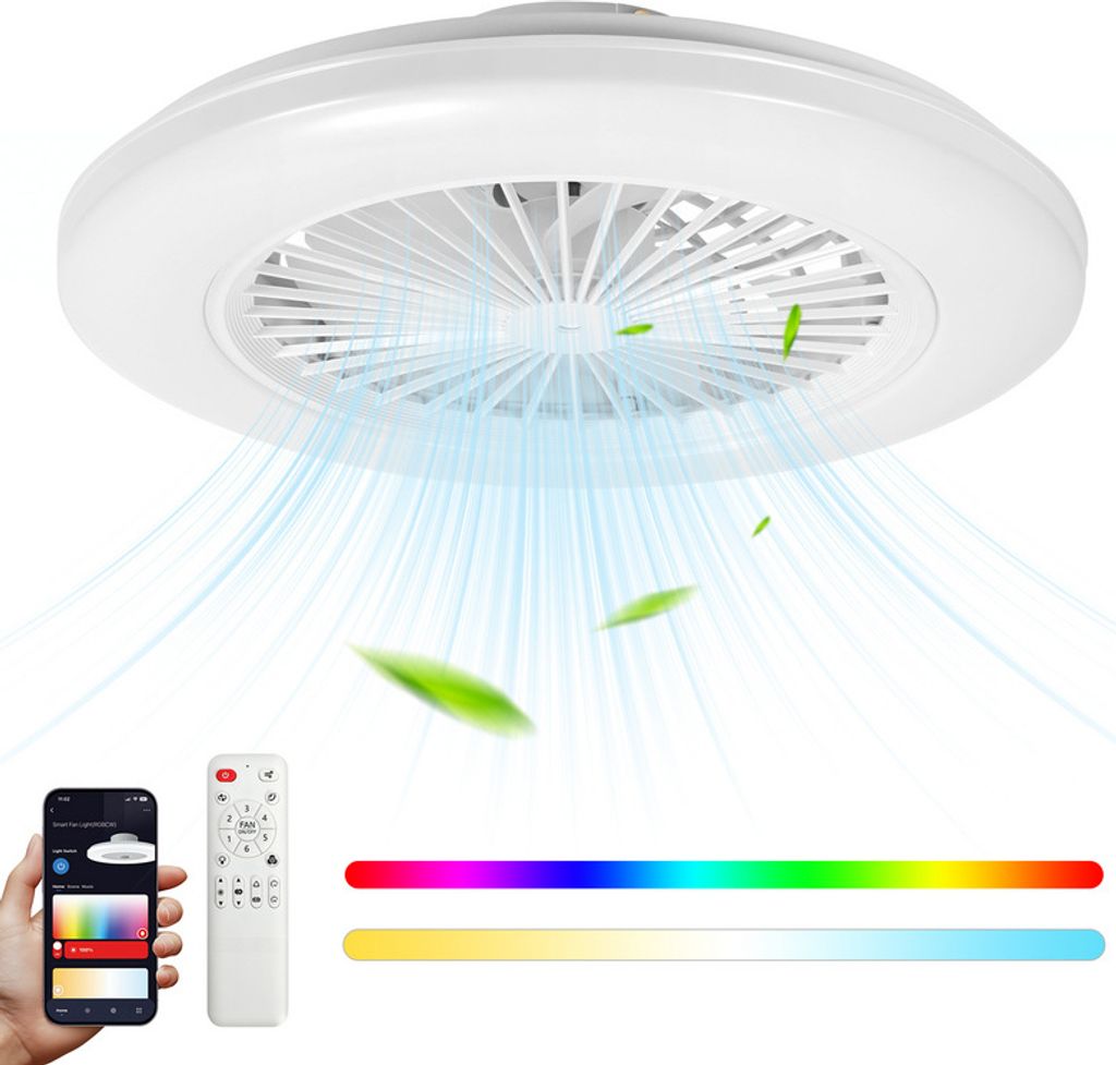 Clanmacy RGB Deckenventilator mit Beleuchtung und Fernbedienung RGB Deckenleuchte Leise Ventilator Deckenlampe