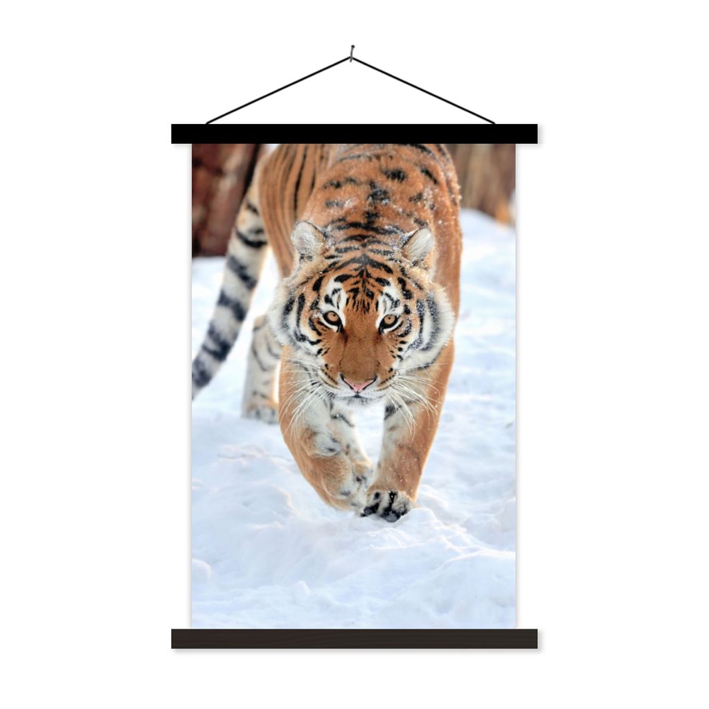 MuchoWow Textilposter Tiger - Schnee - Tiere 60x90 cm mit schwarzem Rahmen - Poster Wohnzimmer