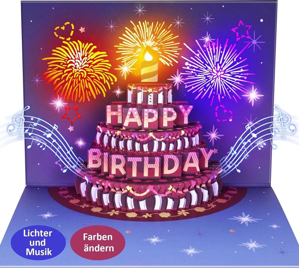 Alles Gute zum Geburtstag! Geburtstagskarte mit Pop-up-Torte, Musik und Lichteffekten, 3D-Feuerwerk – das perfekte Geschenk für Ehefrau, Mann od...