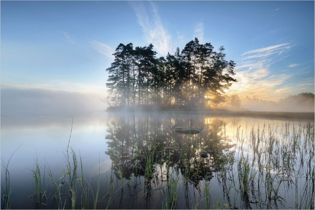 Wallario selbstklebendes Poster - Stiller See mit Insel im Morgennebel, Größe: 100 x 150 cm