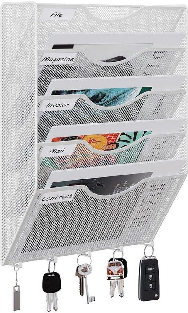 A4 Papierhalter für Wand, 5 Haken, Weiss, Metallisch
