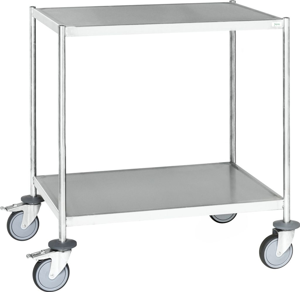 Kongamek Edelstahl- Etagenwagen vollständig geschweißt, 2 Ladeflächen 625x415mm Gummibereifung rostfrei mit Bremse