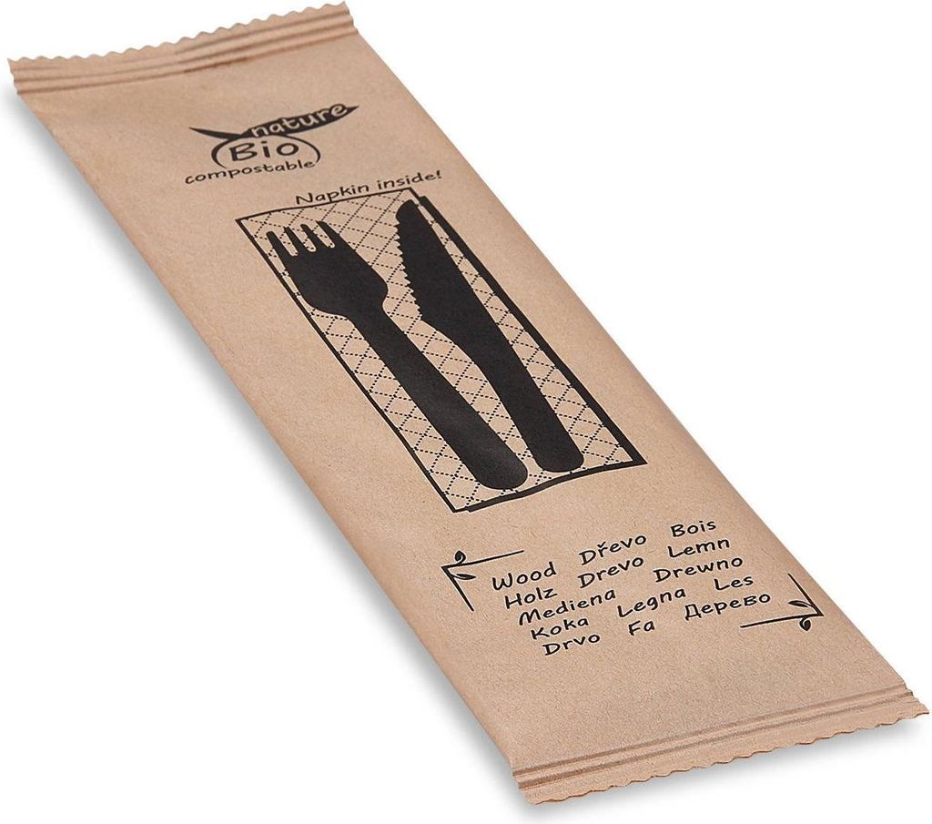 Holzbesteckset - Gabel, Messer + Serviette 60-teilig.
