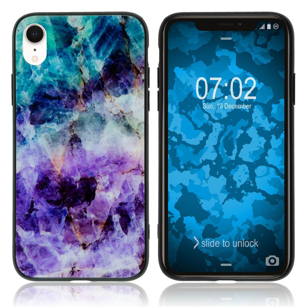 PhoneNatic Hybridhülle kompatibel mit Apple iPhone XR - mit Glasrücken - Marmor-Muster Design:01 Cover Schutzhülle Cover