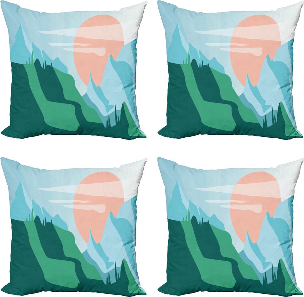 ABAKUHAUS Scenic Sommer Kissenbezug Set (4 Stück), Pastellkunst Landschaft, Moderner Doppelseitiger Digitaldruck, 40 cm x 40 cm, Grün blau