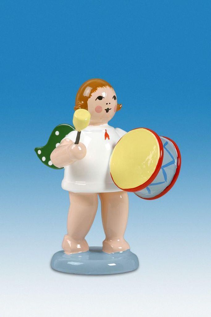 Holzfigur Engel mit großer Trommel und Krone Höhe 6cm NEU