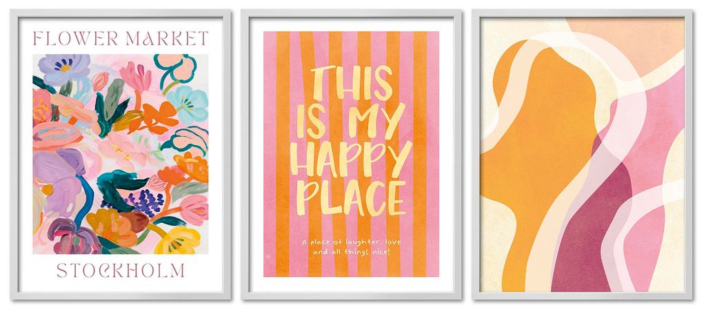 ARTFAVES Poster Set - Abstract Dopamine Art Trio I mehrteilige Bilderwand für Wohnzimmer, Schlafzimmer I Wandbilder Abstrakte-Kunst I mit Rahmen...
