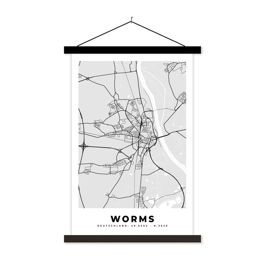 MuchoWow Textilposter Karte - Worms - Karte - Deutschland 120x180 cm mit schwarzem Rahmen - Fotos