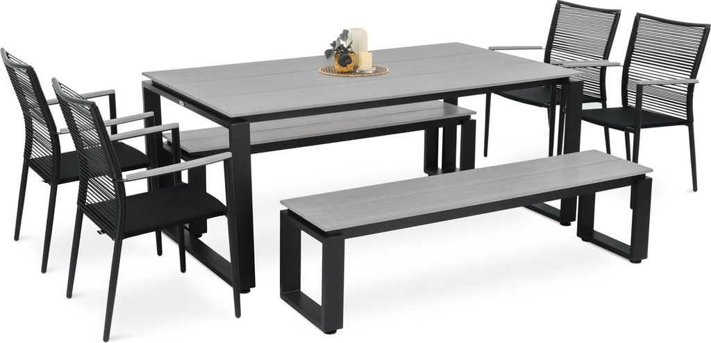 di volio Gartenmöbel ZERBA, Gartenmöbel Set - Esstisch & 4 Stühle & 2 Gartenbänke, aus langlebigen und wetterfesten Materialien, stapelbare St...