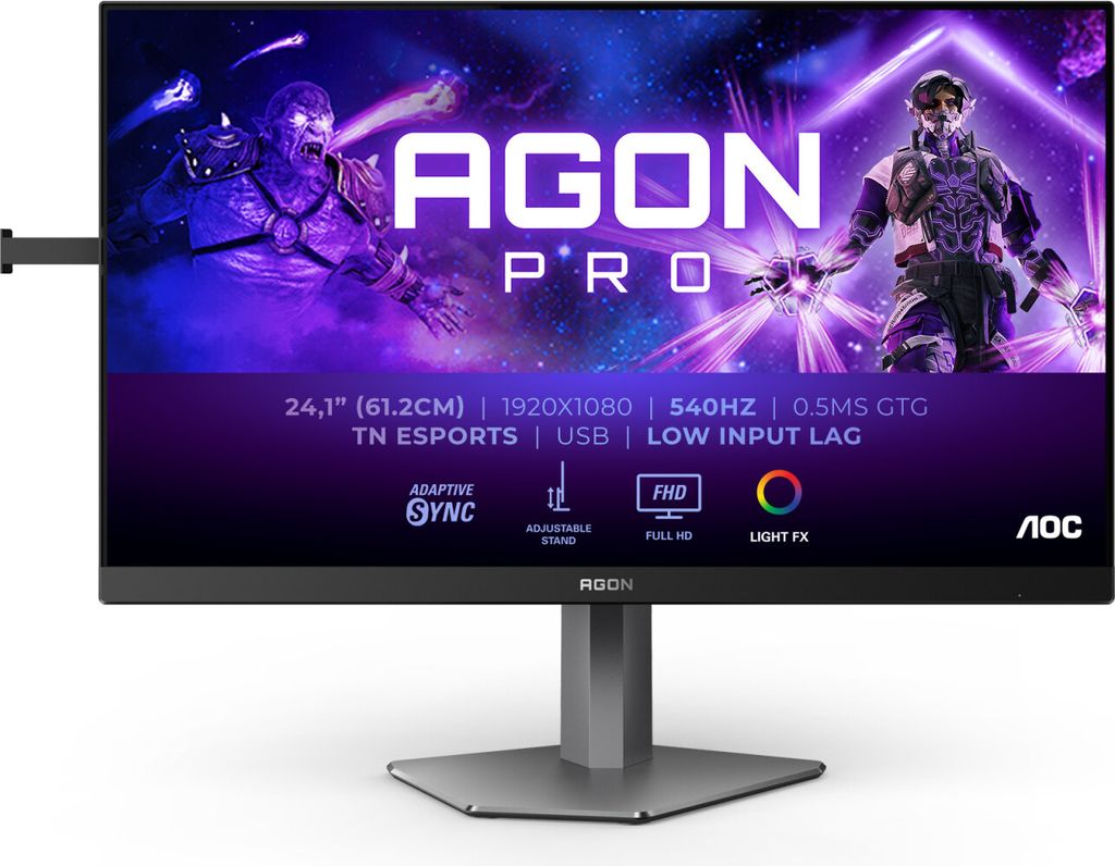 A marketing image for an AOC AGON PRO gaming monitor, featuring stylized graphics and product specifications.