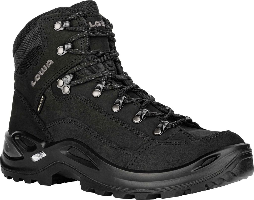 A black hiking boot is shown against a white background.