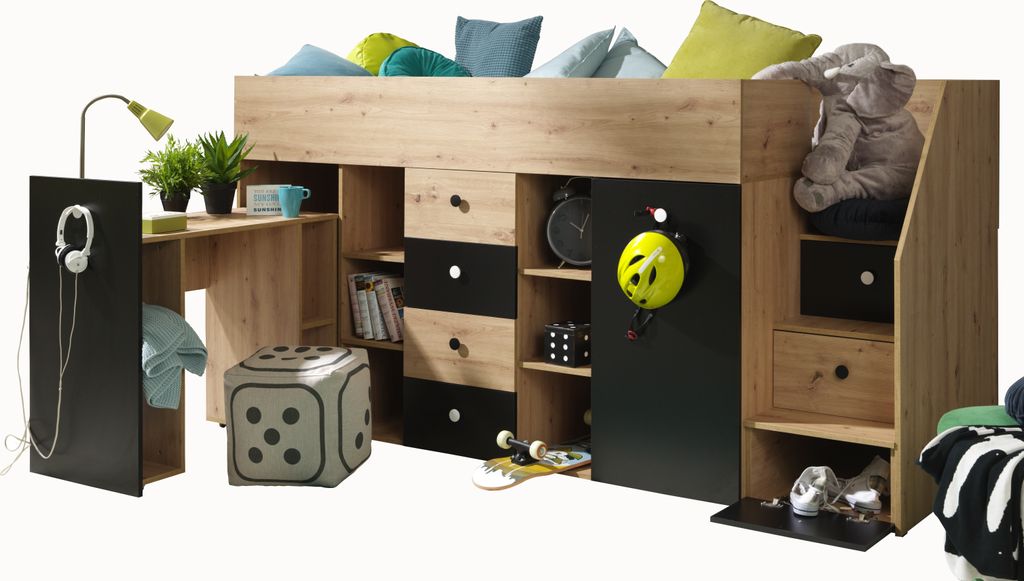 Etagenbett für Kinder SMART 3 Stockbett mit Treppe, Kleiderschrank und Schreibtisch (Artisan Eiche + Schwarz matt, Seite: Rechts)