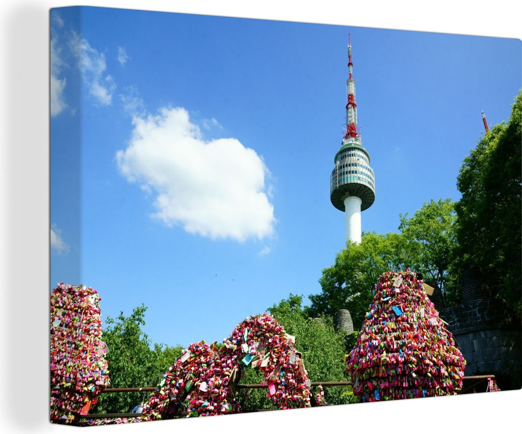 OneMillionCanvasses - Leinwandbilder - 140x90 cm, N-Seoul Tower - Blume, Wandbilder Kunstdruck Wanddekoration - Foto auf Leinwand - Gemälde auf ...