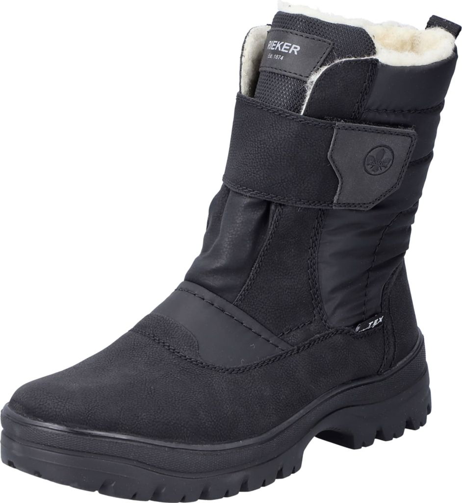A black winter boot is shown against a white background.