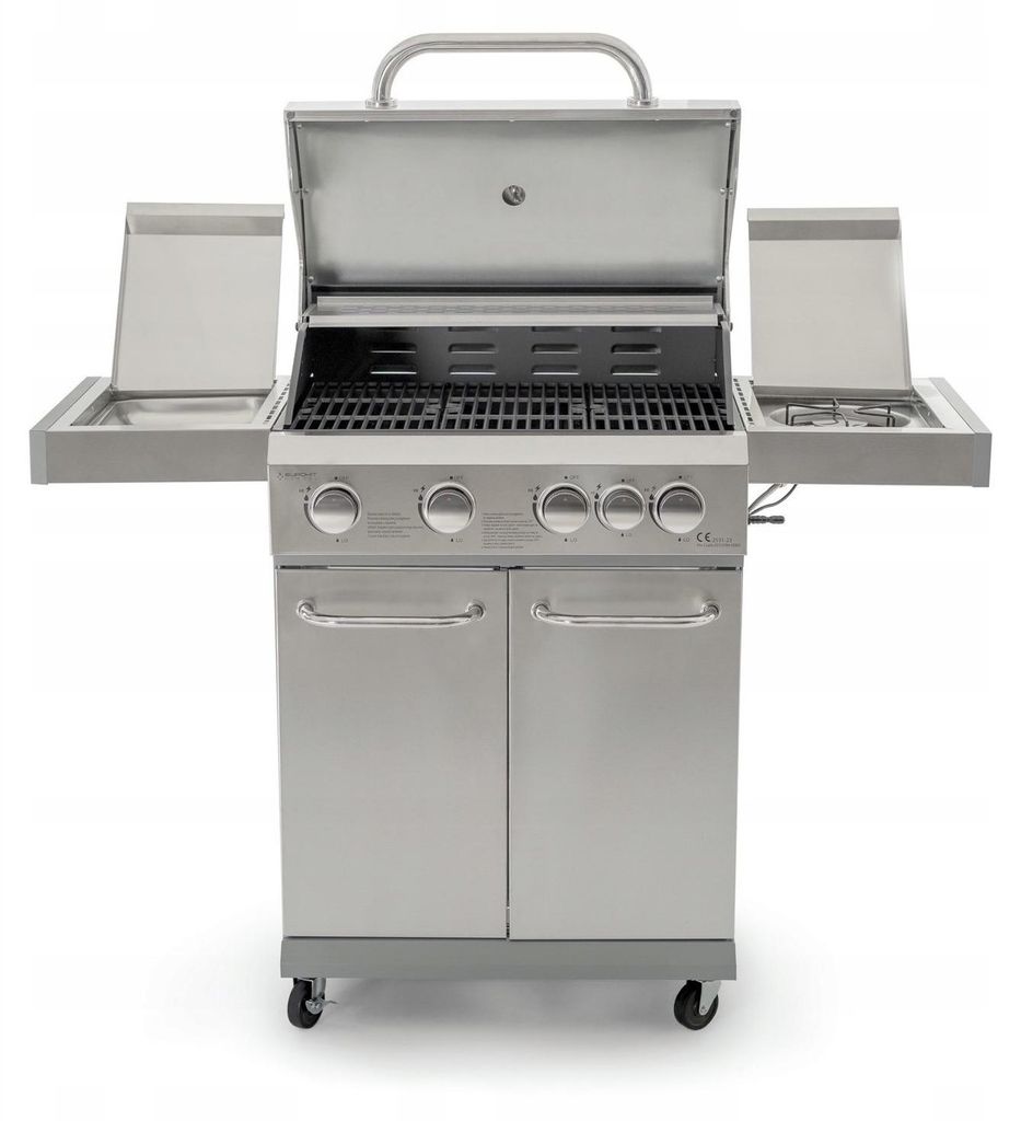 Corciano Gasgrill 4+1 Grillwagen Edelstahl | Gusseisenrost & Seitenbrenner | Platz für 11kg Gasflasche im Unterschrank inkl. Druckminderer