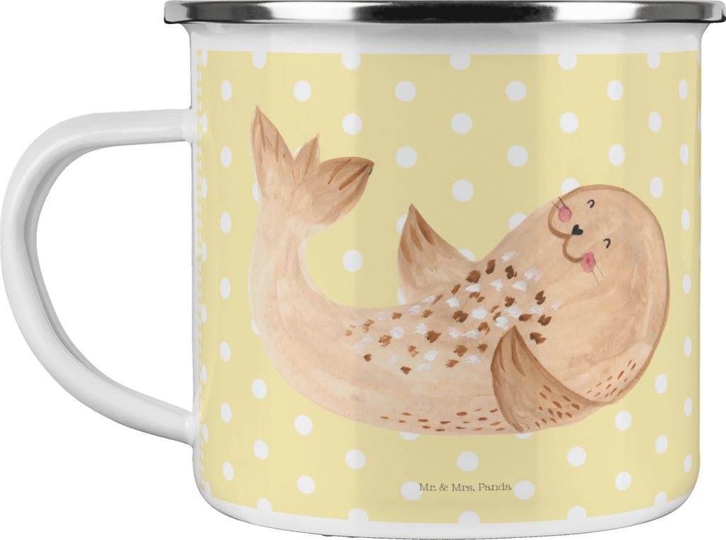 Mr. & Mrs. Panda Teetasse Robbe Liegen - Gelb Pastell - Geschenk, Nordsee, Emaille Tasse, Freude, Ostsee, blechbecher, Meerestier, Lustige Sprüche...