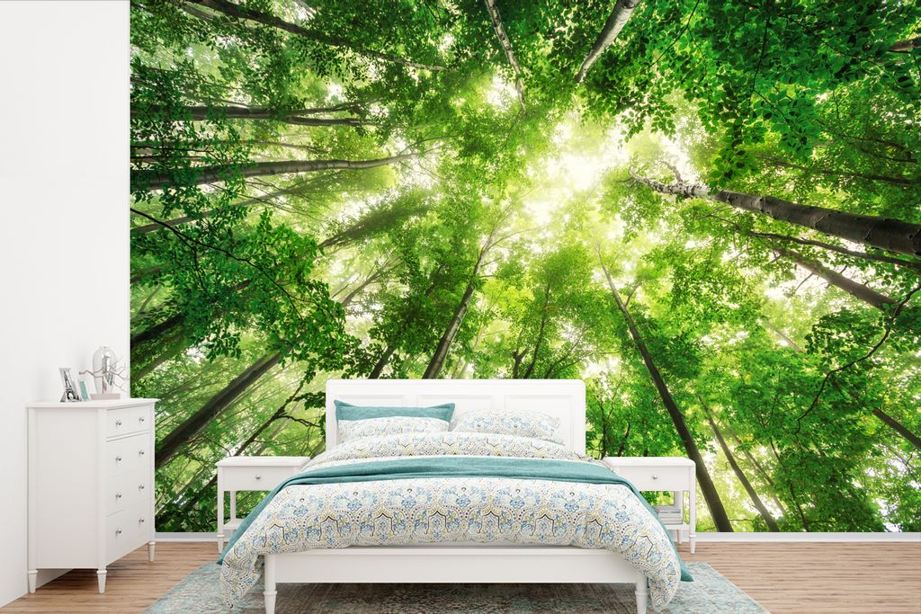 MuchoWow Fototapete für Wohnzimmer oder Schlafzimmer Wandtapete Vinyl Motivtapete Wald - Sonne - Baum - 450x300 cm - Gemusterte