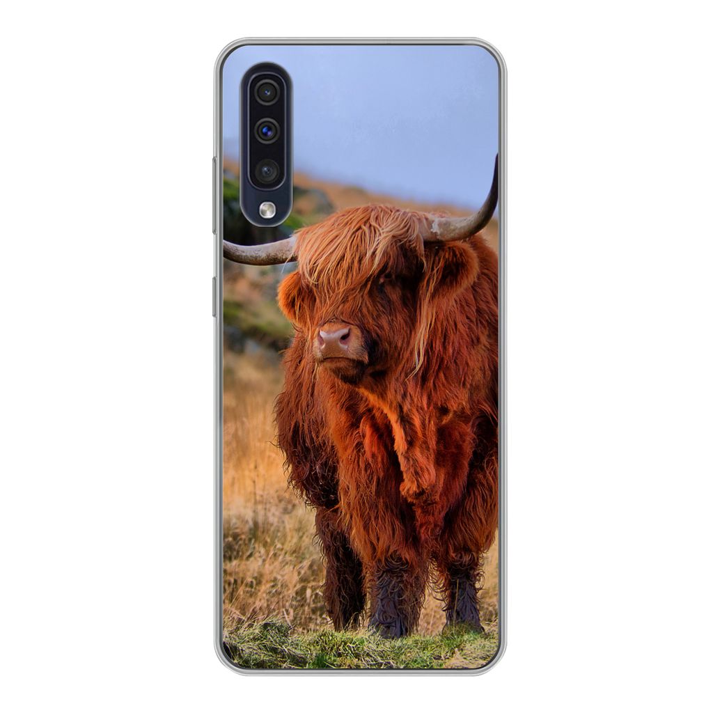 MuchoWow Handyhülle Schutzhülle Hülle für Samsung Galaxy A30s Schottische Highlander - Gras - Steine Silikon Softcase Handy Hülle - Kartenin...