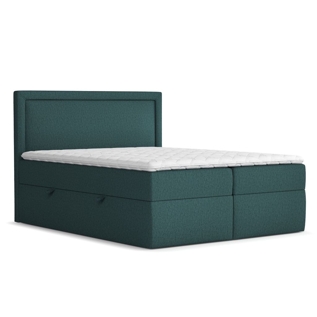 Boxspringbett Livia Interiors Maya, Bett 200x200 cm, mit Stauraum, Doppelbett, H2 Bonell - Matratze und Topper, Webstoff Megan, Grün Farbe