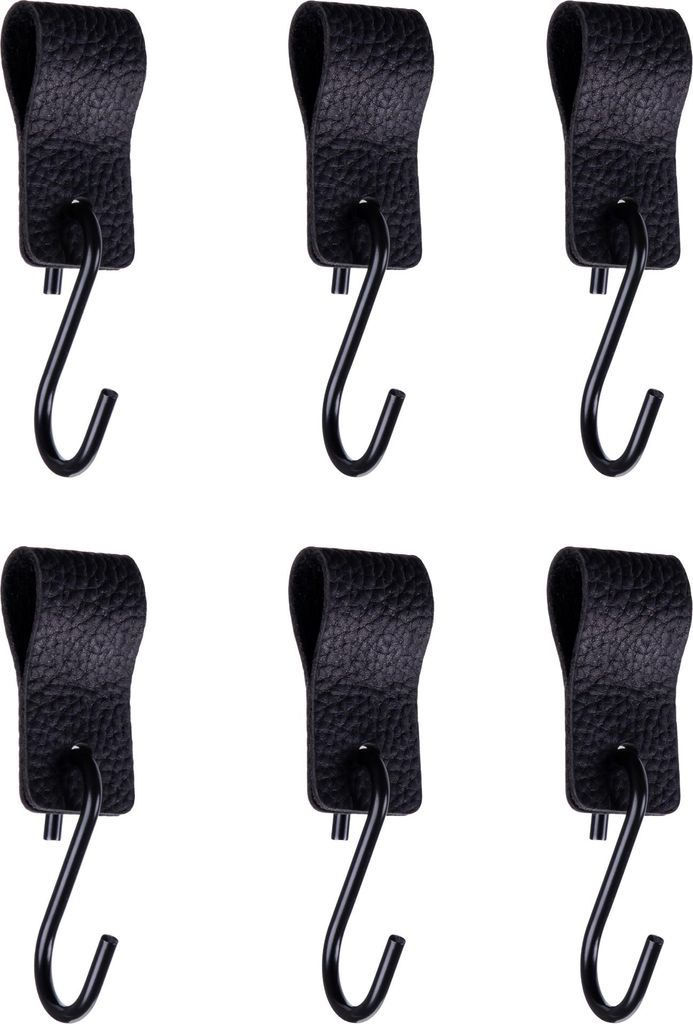 QUVIO S Haken mit Lederband - Kleiderhaken - Kleiderbügel - Aufbewahrung - Haken - Küchenhaken - Metall - Leder - Hängehaken - 6er Set - Schwarz