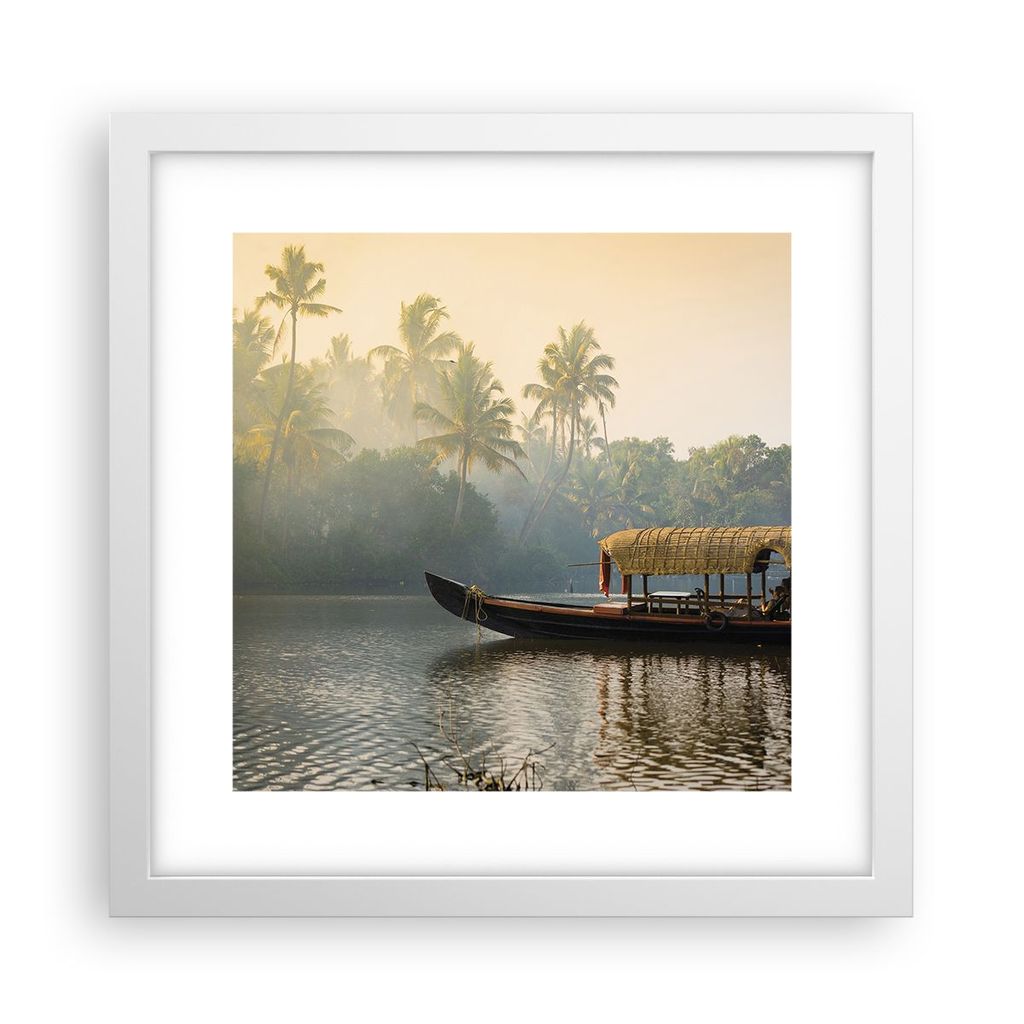 Gerahmtes Poster - Weißer Rahmen - Indien Boot Fluss - 30x30 cm - Wand Bild - Wanddeko - Wandbilder - Kunstposter - Wandposter - Bilderrahmen - Bi...