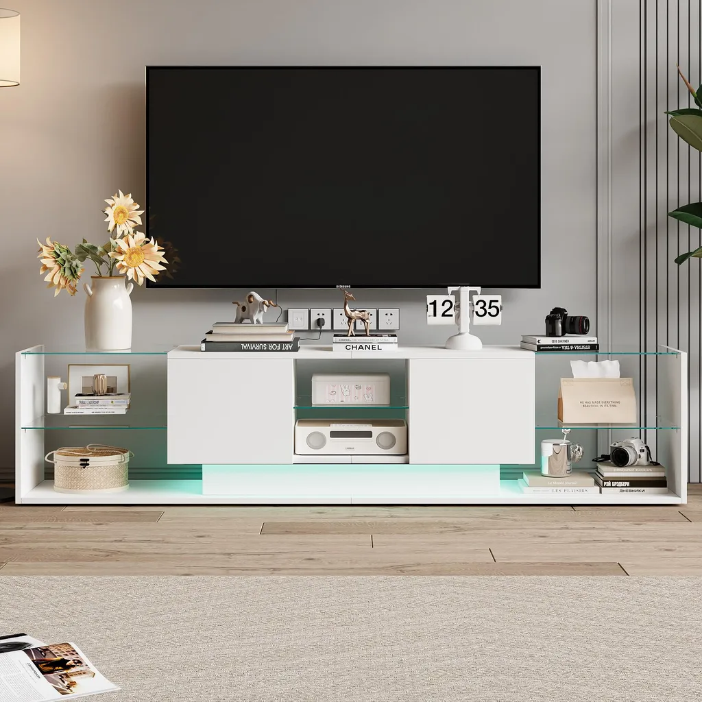 Meuble TV LED Lowboard de 200cm pour Salon avec Rangement Ouvert