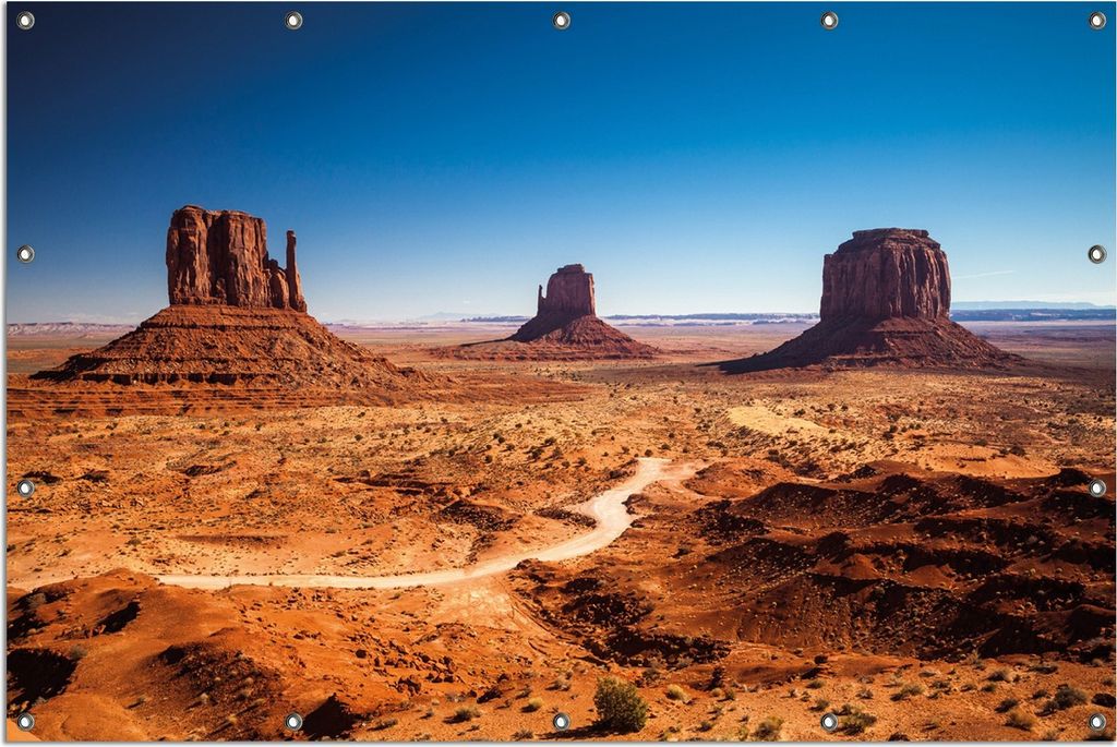 Wallario Outdoor-Poster für Garten oder Balkon, Motiv Monument Valley unter blauem Himmel, in ca. 120 x 180 cm